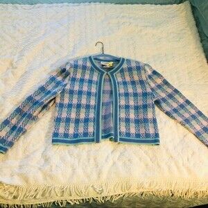 Vintage Castlebrook pastel plaid cardigan sweater, pink, blue, aqua,sz 10 petite